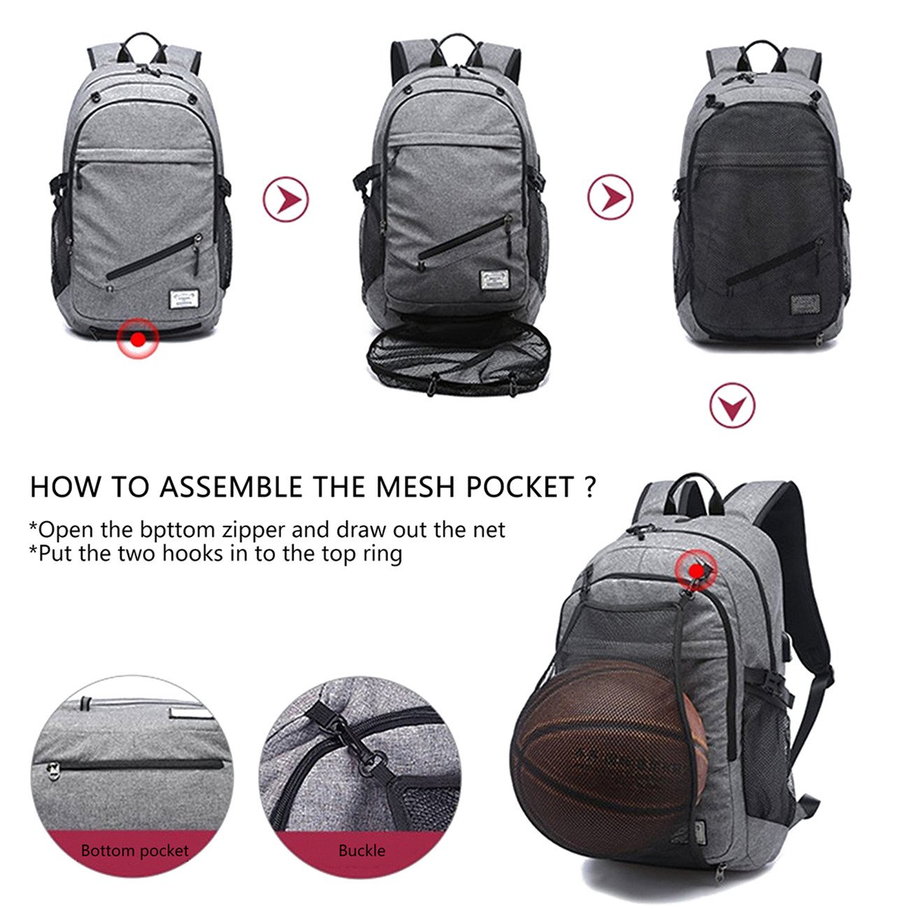 Rucksack Männer Chrislley Wasserdicht Faltbarer Rucksack Mit Basketball Net Und USB Ladeanschluss 15 6 Zoll Leinwand Sport Casual Schule Rucksack Schwarz