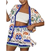 Verdusa Women's 2 Piece Tropical Print Outfits Kimono Shirt Top Drawstring Shorts Set