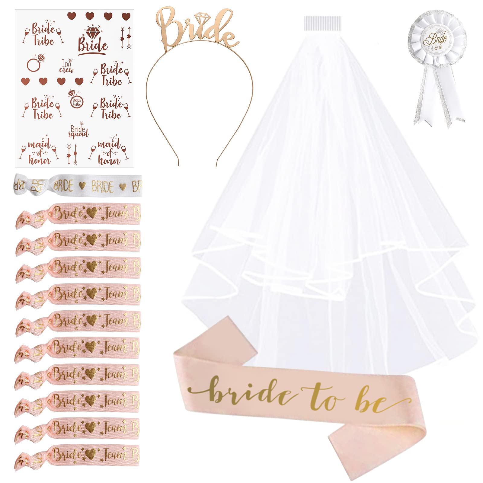 16 PCS Hen Party Accessories for Bride, 1 Bride to Be Sash with 1 Rose Gold Hen Party Veil and Tiara 11 Hen Party Wristbands 1 Badge for Wedding Bachelorette Parties