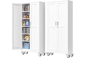 PAOFIN 75''H Metal Garage Storage Cabinet with Wheels,Steel File Cabinets with 2 Doors and 5 Adjustable Shelves for Home Office, Warehouse, Required Assembly,White