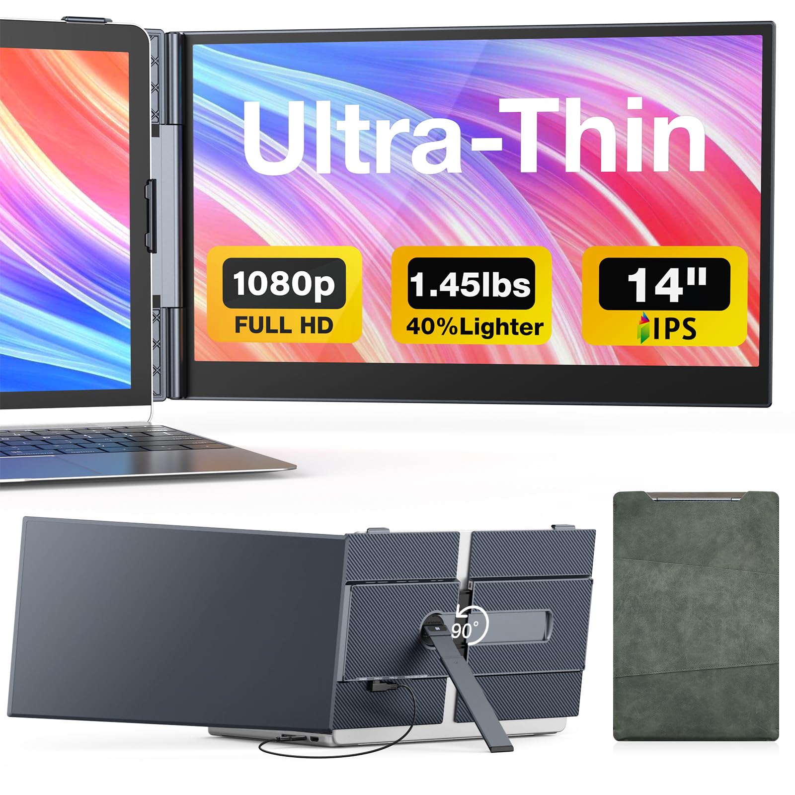 UK BONITOYS Laptop Screen Extender, 14" Ultra-Thin & Lightweight Portable Monitor, 1080P FHD IPS Second Screen, Plug and Play, Laptop Monitor Extender Compatible for Mac/Win Laptops 13-17 Inch Image