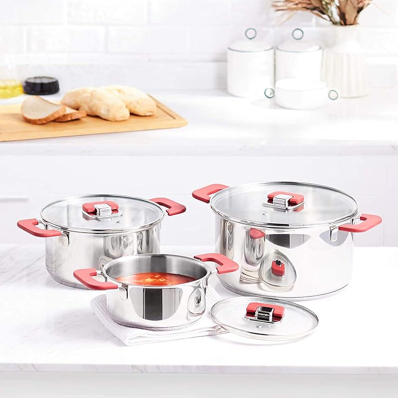 Batterie de Cuisine à Induction 3 Pièces en Acier Inoxydable - avec Couvercle Empilable, Poignée au Toucher Doux - 16/20/24 cm