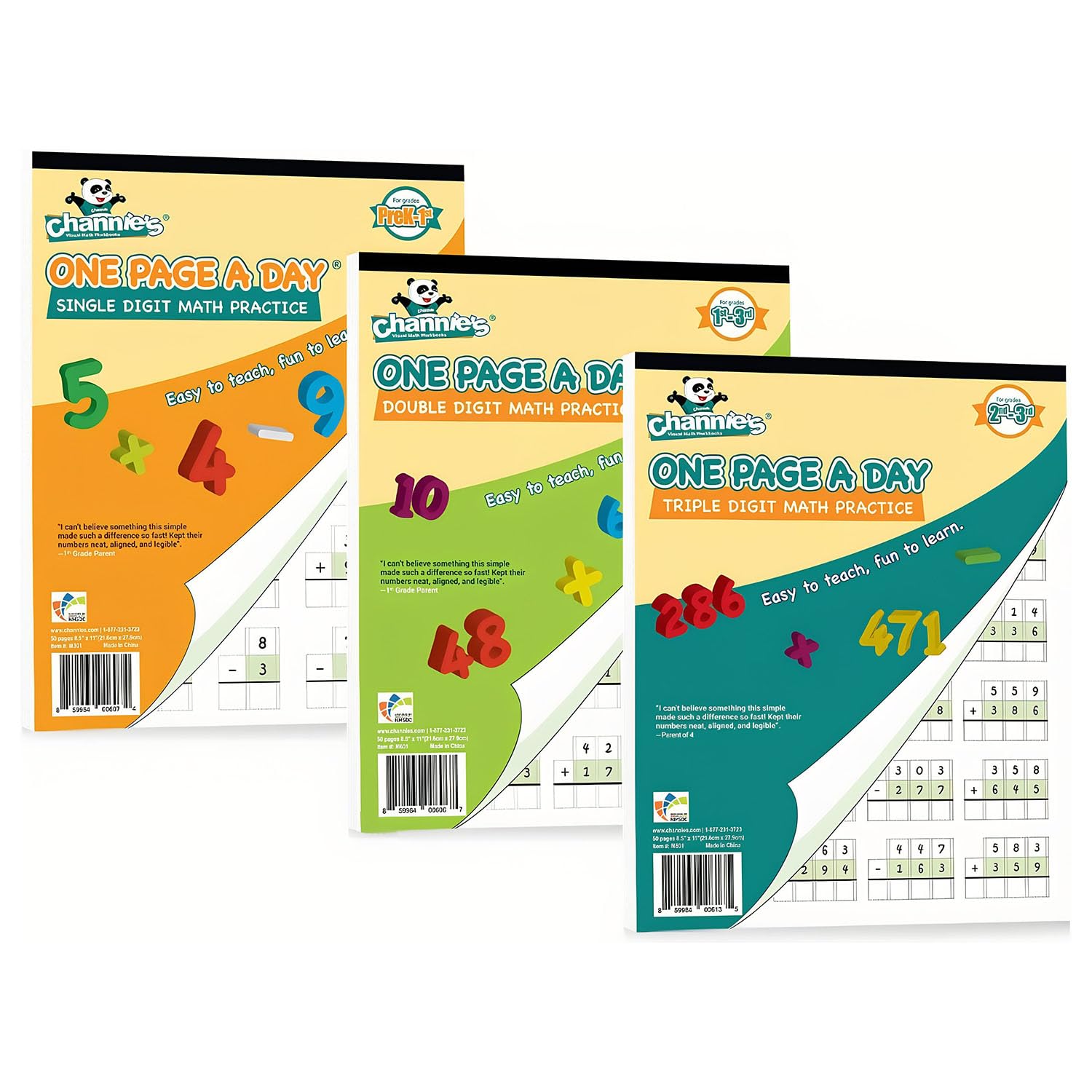 Channie’s One Page A Day Single, Double, Triple Digit Math Practice Worksheets 3 Pack! Grades 2-4th Size 8.5” x 11” Summer School, Summer Bridge