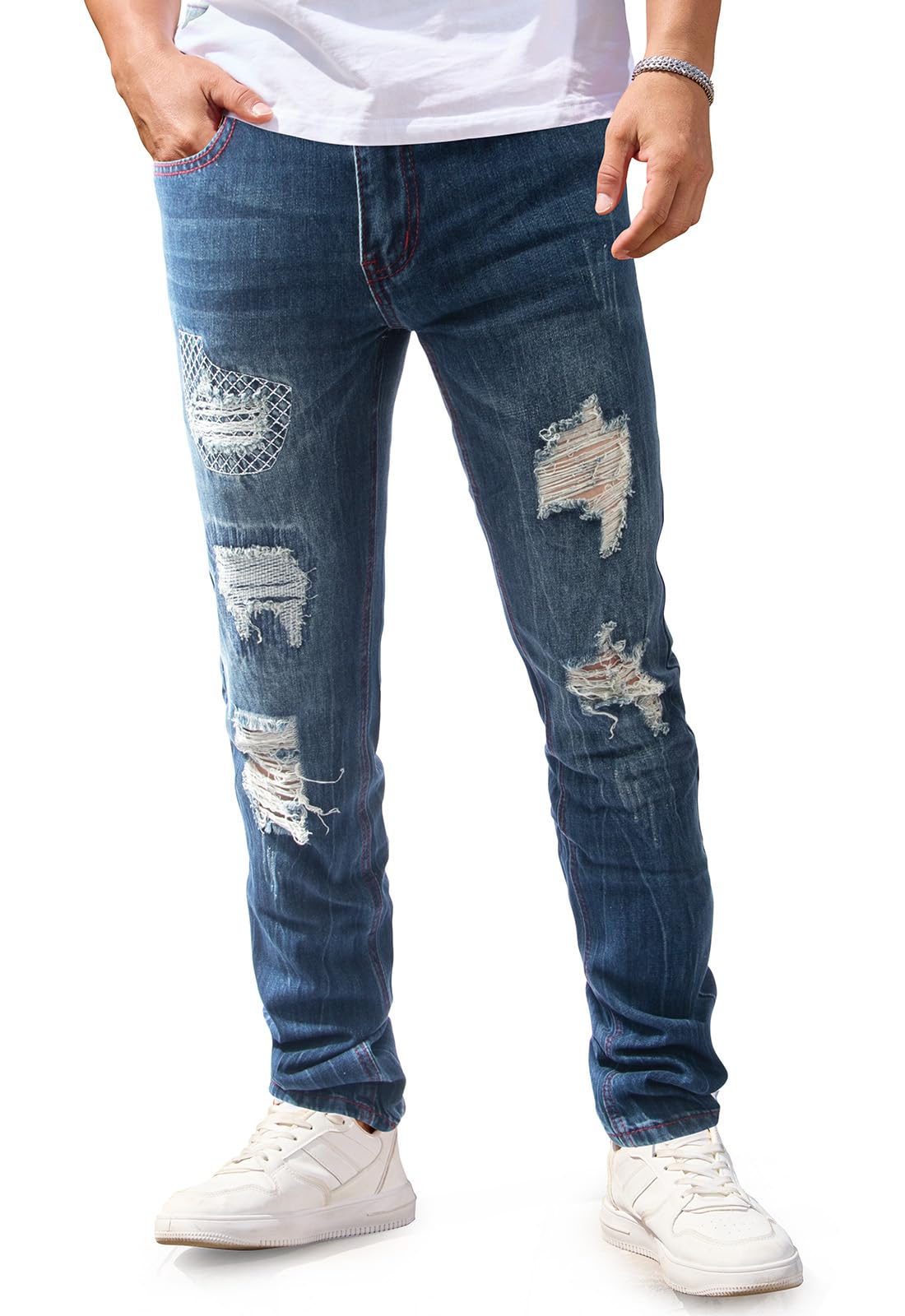 Gulots Men's Ripped Jeans Classic Comfort Regular Fit Basic Denim Pants for Men Casual Slim Fit Skinny Jean with Pockets 30 Ripped Blue