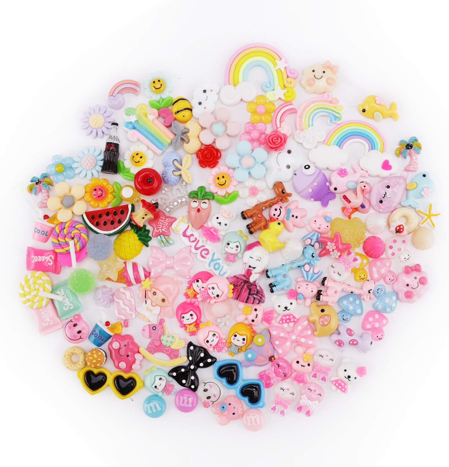 Giveme5 120pcs Slime Charms Beads Set, Charms for Slime Assorted Fruits Candy Sweets Animals Slime Beads Flatback Resin Cabochons for DIY Slime Art Craft Making Supplies, Scrapbooking and Decoration