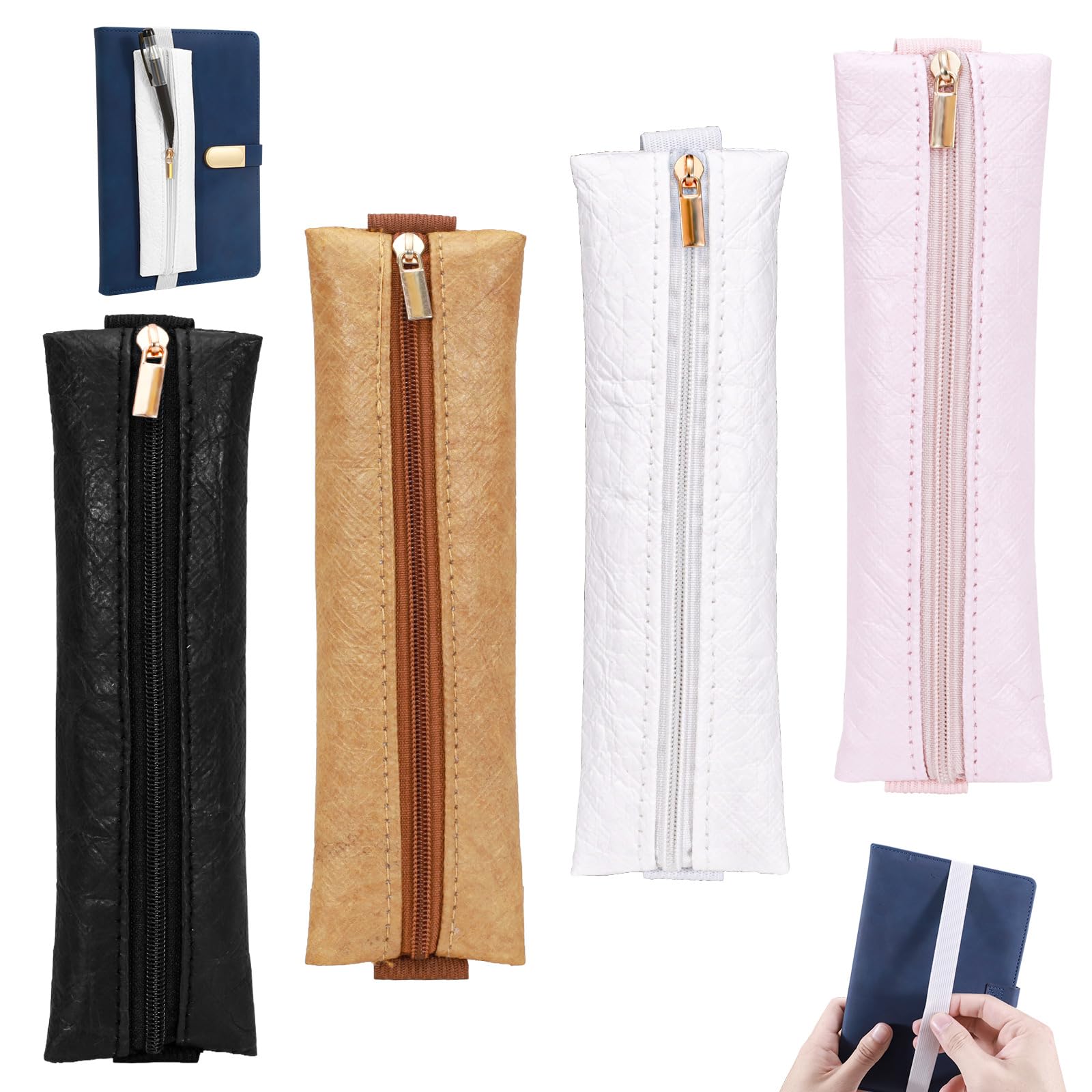 Modixun 4pcs Pen Holder for Notebook, Zipper Journal Pen Holder with Elastic Band, Pen Pouch Sleeve Pencil Holder for Notebook Book Planner