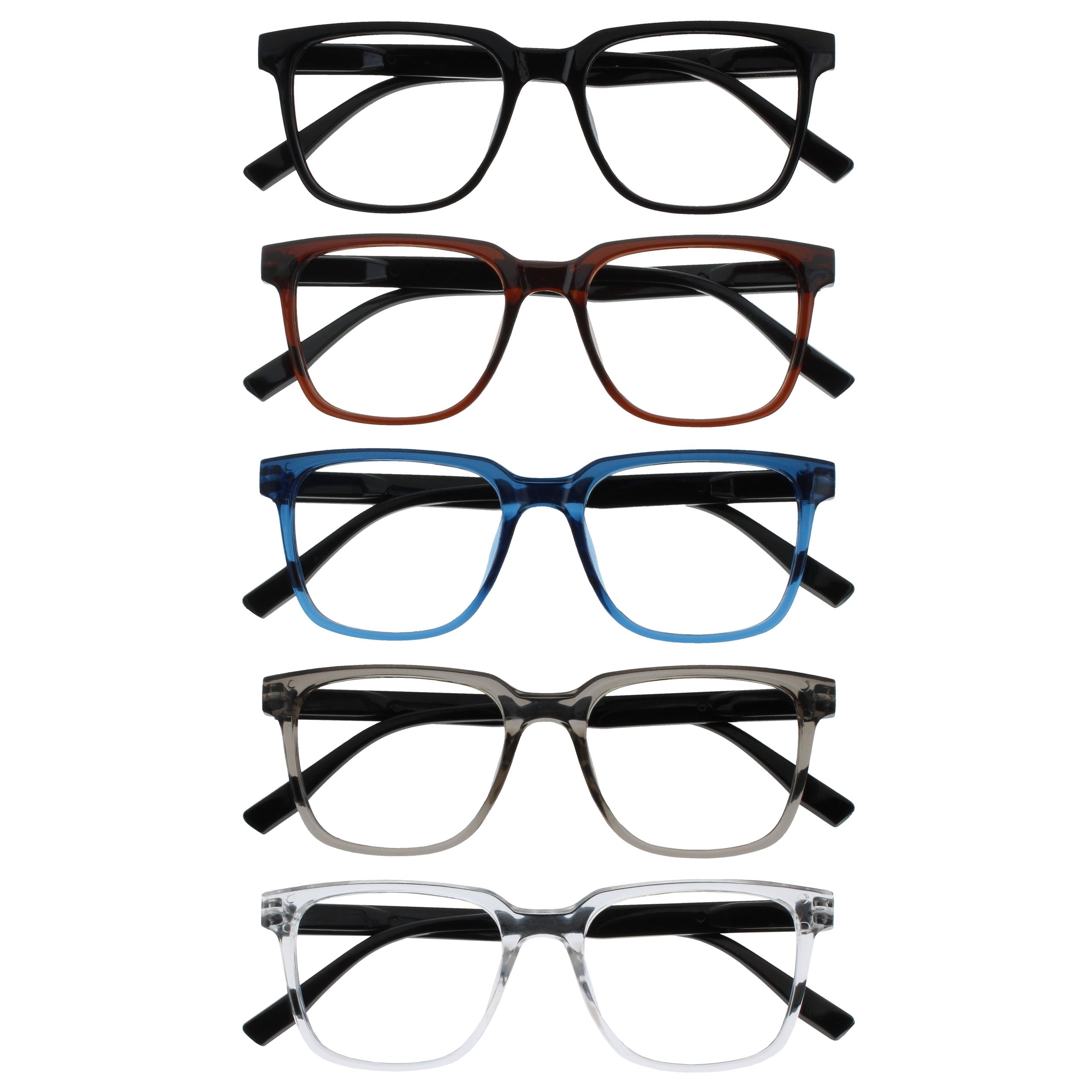 OPULIZE LEO Reading Glasses - 5 -Pack - Large Rectangular Frame - Black, Brown, Blue, Grey, Clear - Mens Womens - Spring Hinges - RRRRR55-1237C - +3.50