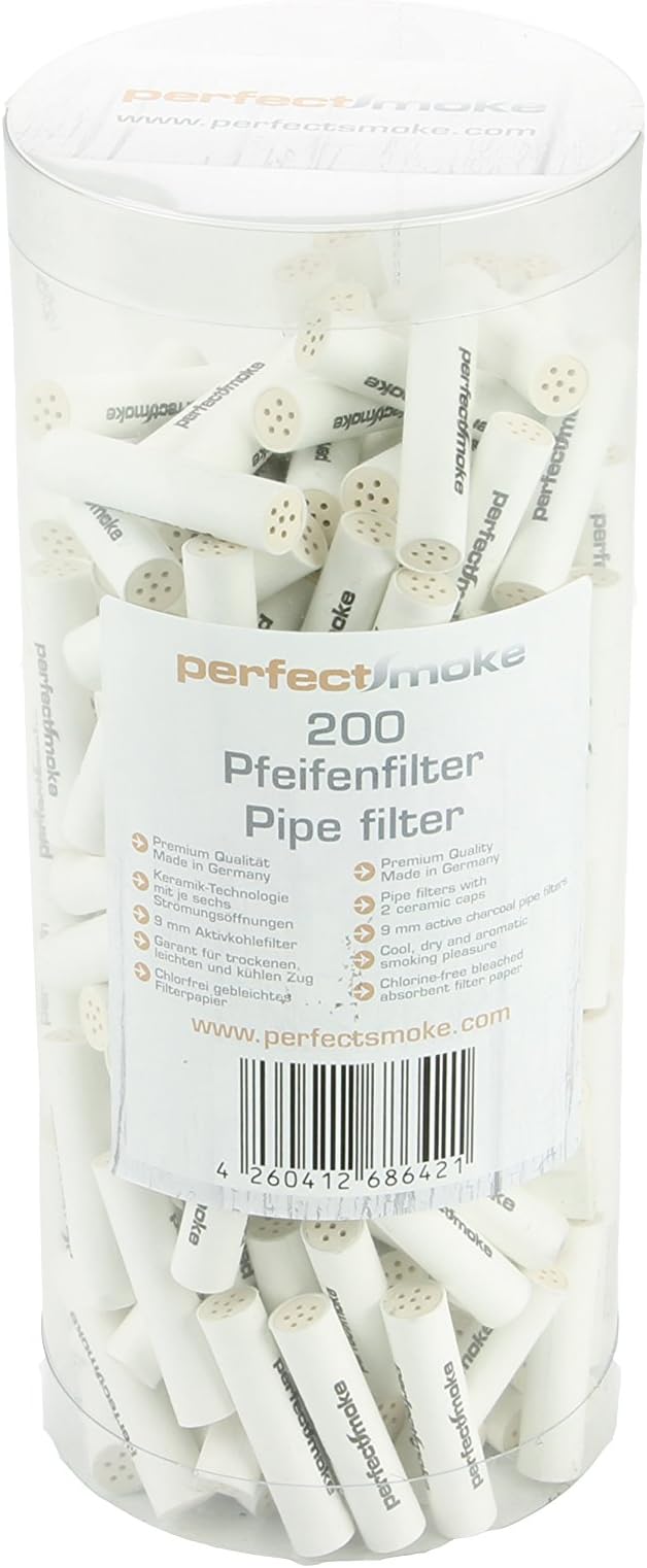 PerfectSmoke Premium 9 mm Pipe Filters Box of 200 Activated Carbon Filters Chlorine-Free Made in Germany for a Dry, Light and Cool Draw