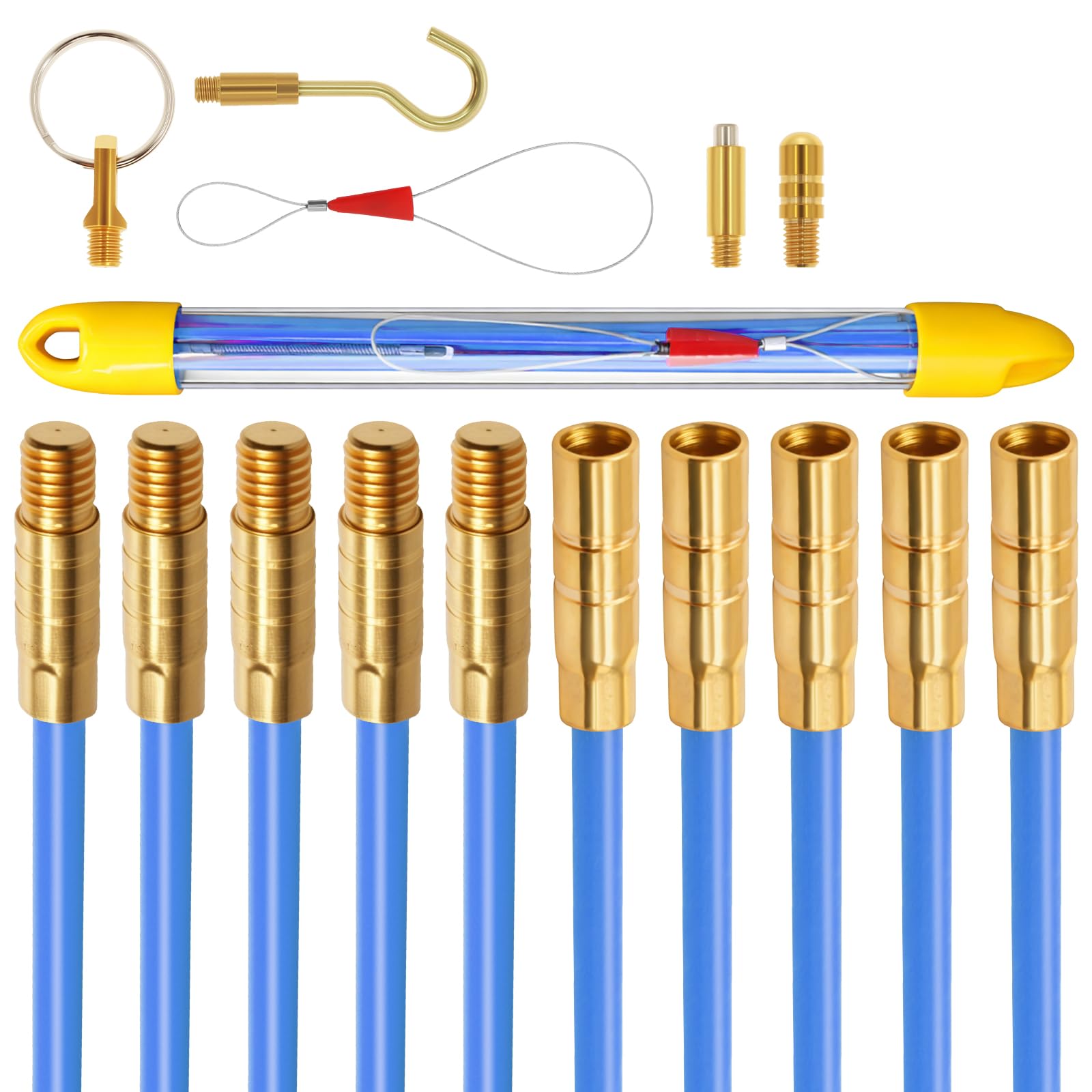 4.88M (16') Cable Rods, Fiberglass Electrical Connectable Fish Tape Pull Kit with Various Accessories，1.6ft per Pole, 10 Poles by Poweka