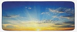 Lunarable Yellow and Blue Kitchen Mat, Beaming Sun