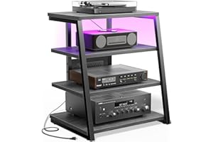 Besiost AV Media Stand with Outlets, Media Console with LED Lights, Stereo Racks and Stands with Storage Shelves, Media Audio Tower Stand, Light Grey Walnut