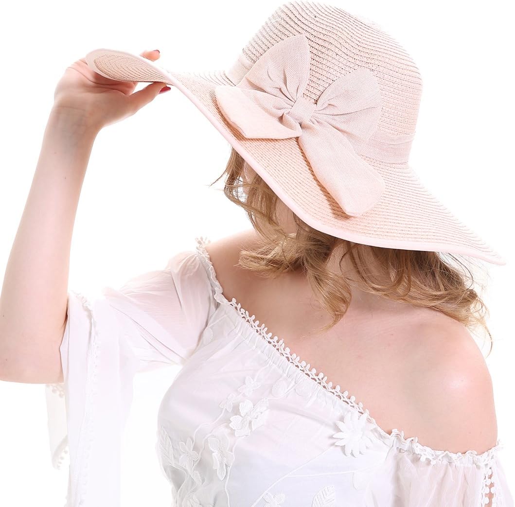 MEEFUR Summer Beach Hats Foldable Wide Brim Solid Caps Bowknot Lady Straw Sun Hat
