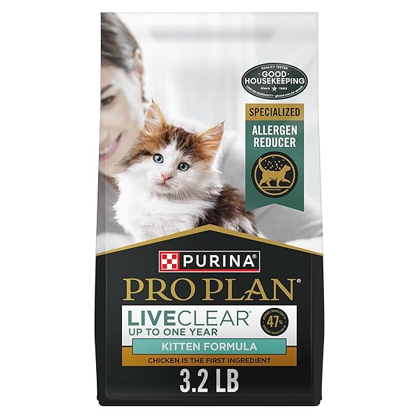 PURINA PRO PLAN LIVECLEAR DRY CAT FOOD FOR KITTENS CAT ALLERGEN REDUCER CHICKEN AND RICE FORMULA – 3.2 LB. BAG