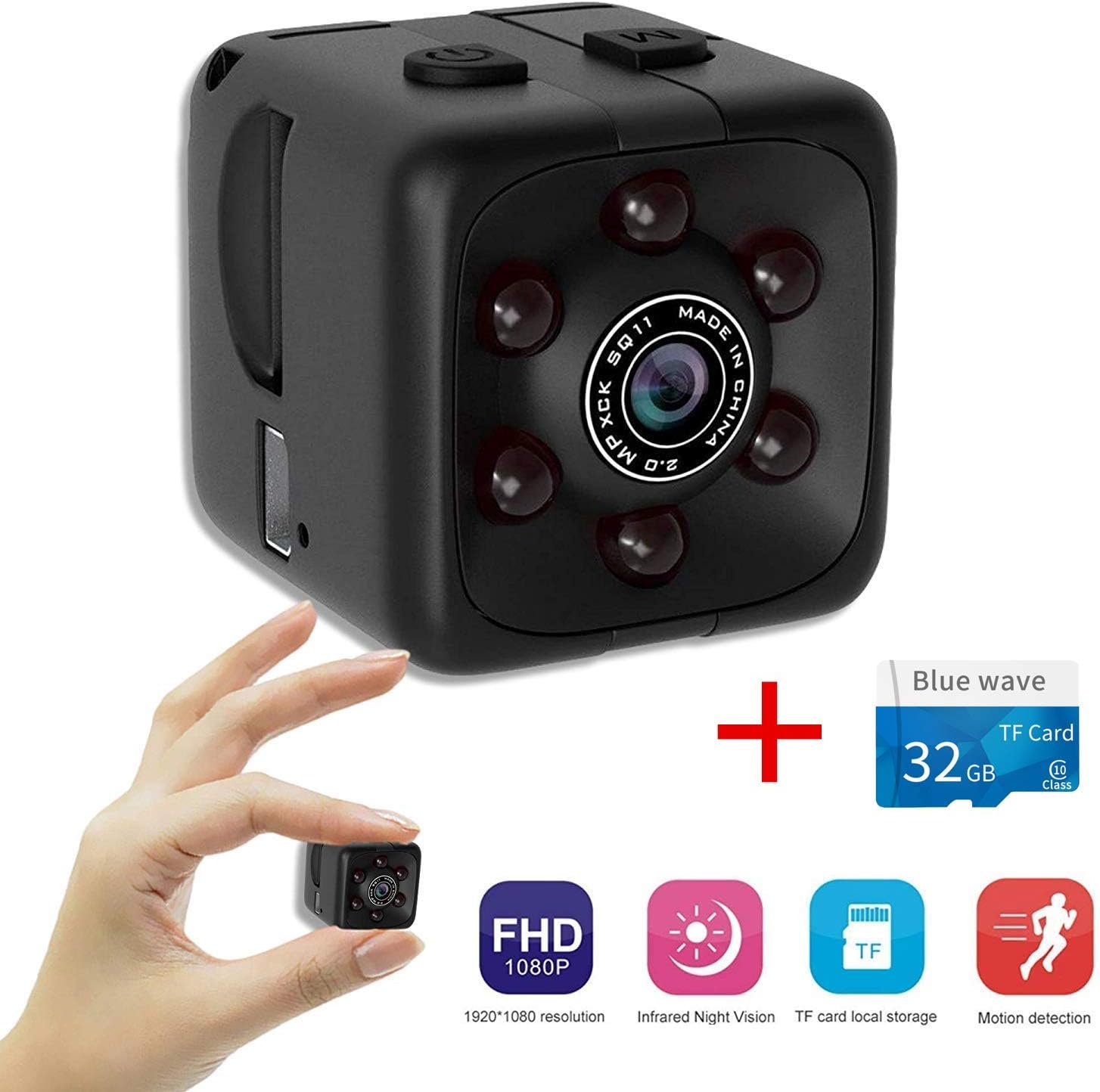 Aubess Mini cámara espía, SQ11 Oculta Secret HD 1080P Micro videocámara con grabación de Bucle, cámara de visión Nocturna para Monitor de Seguridad para el hogar/Oficina/dron + Tarjeta TF de 32 GB: