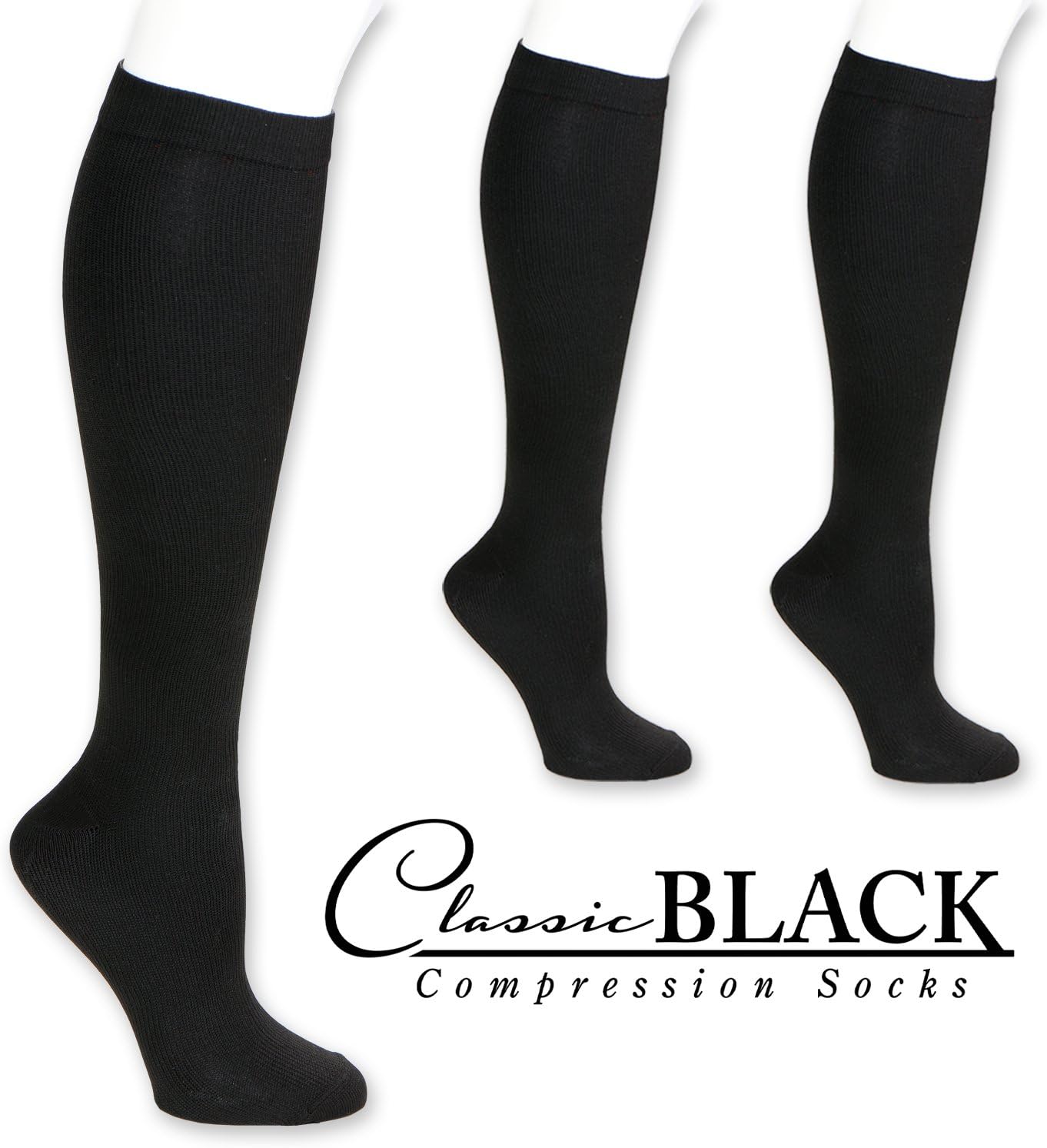 Classic Black Knee High Graduated Compression Socks 15-20 mmHg for Women and Men, 3 Pairs of Therapeutic, Occupational, Diabetic, Travel Knee-High Compression Socks (Small/Medium, Black)