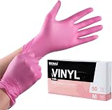 OKIAAS Pink Vinyl Gloves Medium 50 Count Latex-Free PVC Kitchen Lab