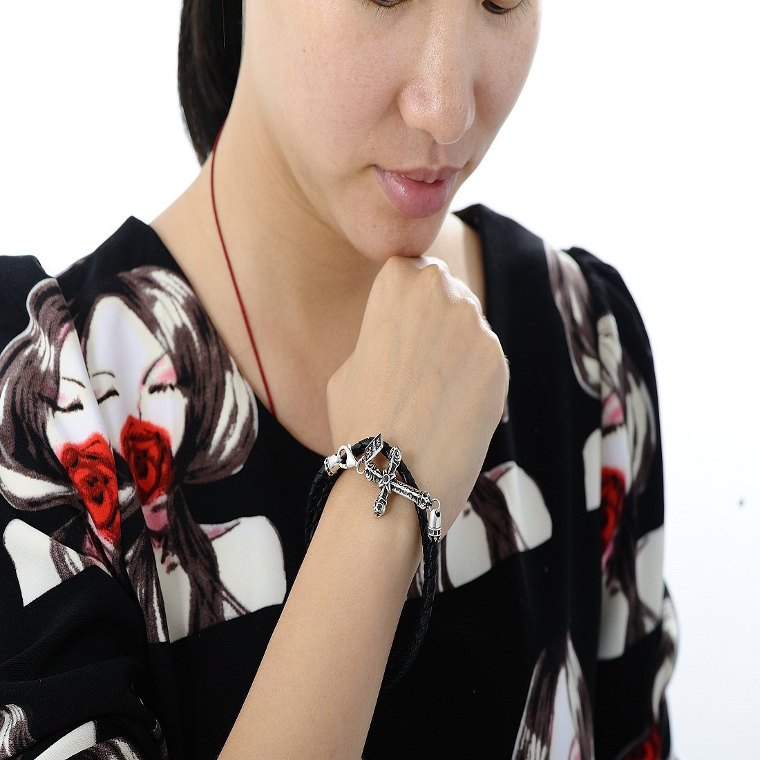 Santuzza Vintage Style Sideways Cross Leather Braided Bracelet Bangle for Women Men Sterling Silver Genuine Leather Braided Double Strap