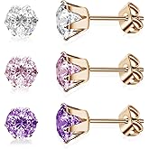 3 Pairs/Set Titanium Cubic Zirconia Stud Earrings Brilliant Cut Simulated Diamond CZ Earrings Hypoallergenic Ear Studs for Sensitive Ears