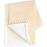 MONDAY MOOSE Cozy Fleece Throw Blanket with Pom Pom Fringe, Super Soft Blanket, Double-Sided Designs, for Couch Bed Sofa Home Decor (50x60 inch, Cream/Light Brown)