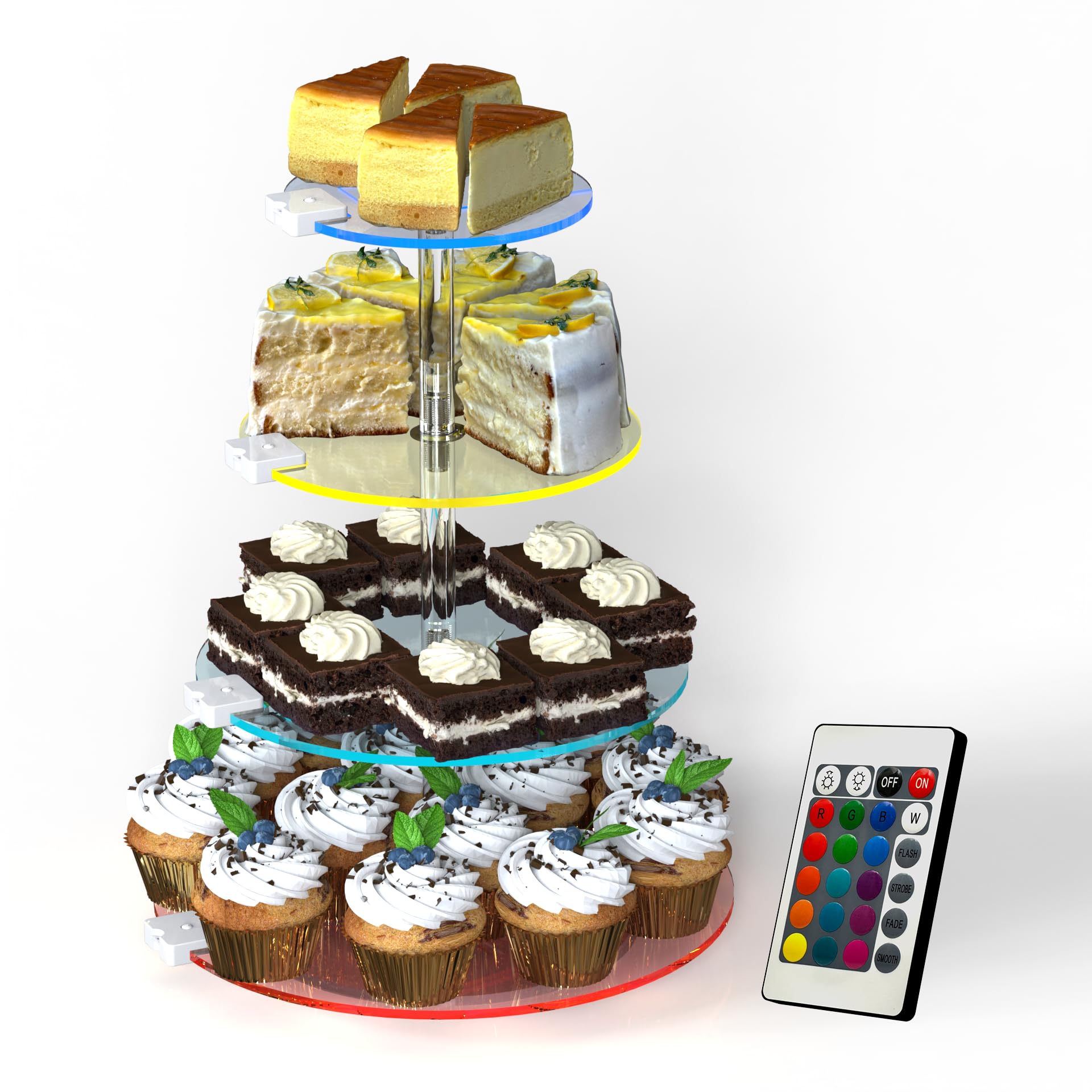 Photo 1 of 4-Tier Rotating Cupcake Stand with LED Lights - 360° Spinning Display Tower for Desserts, Cakes & Pastries - Rechargeable 7-Color Changing Serving Tray for Weddings, Parties & Festive Gatherings (Round Clear Acrylic)