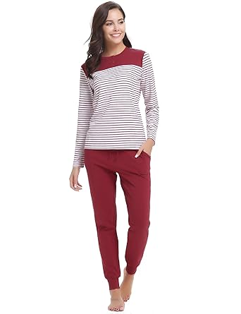 Aibrou Damen Schlafanzug Pyjama Set Lang Baumwolle Hausanzug Sleepwear Nachtwäsche Zweiteilig mit Langarmshirt und Lange Hose