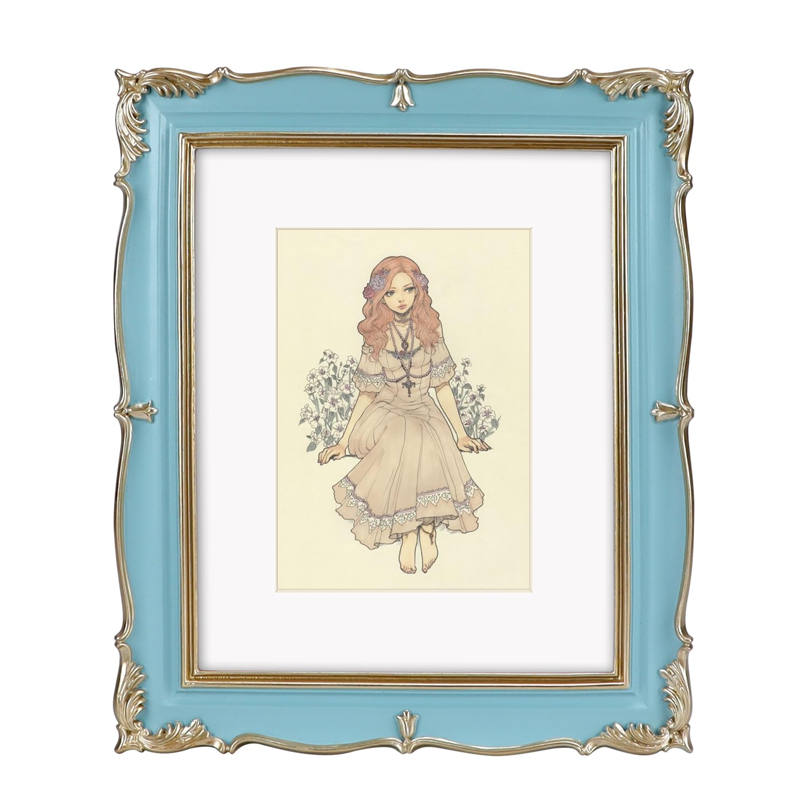 Photo 1 of PHAREGE Vintage Picture Frame 8x10 Sky Blue Gold, 8 by 10 Ornate Decorative Antique Frame with Mat for 5x7 Photo, Fancy Matted Frame for Desktop or Wall, Horizontal or Vertical