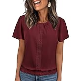 Falechay Burgundy Blouses for Women Short Sleeve Ruffle Sleeve Tops for Women Summer Scoop Blouses Dressy Casua Neck Pleated Front Casual Outfits Redl M