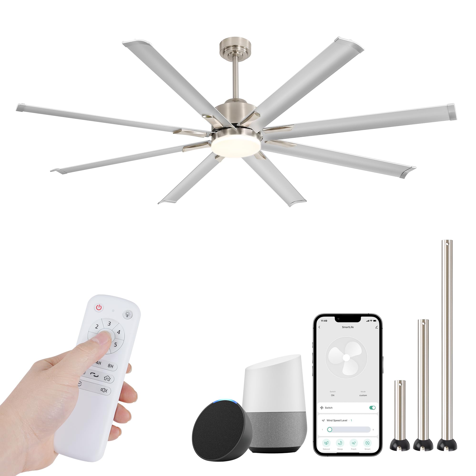Photo 1 of ***(PARTS ONLY/ MISSING PARTS/ NON FUNCTIONAL)*** ZMISHIBO 72 inch Smart Aluminium Blade Ceiling Fans with Lights and Remote, Outdoor Large Ceiling Fans with Remote/Alexa/App for Patio Living Room, Nickel Ceiling Fan, 8 Blades