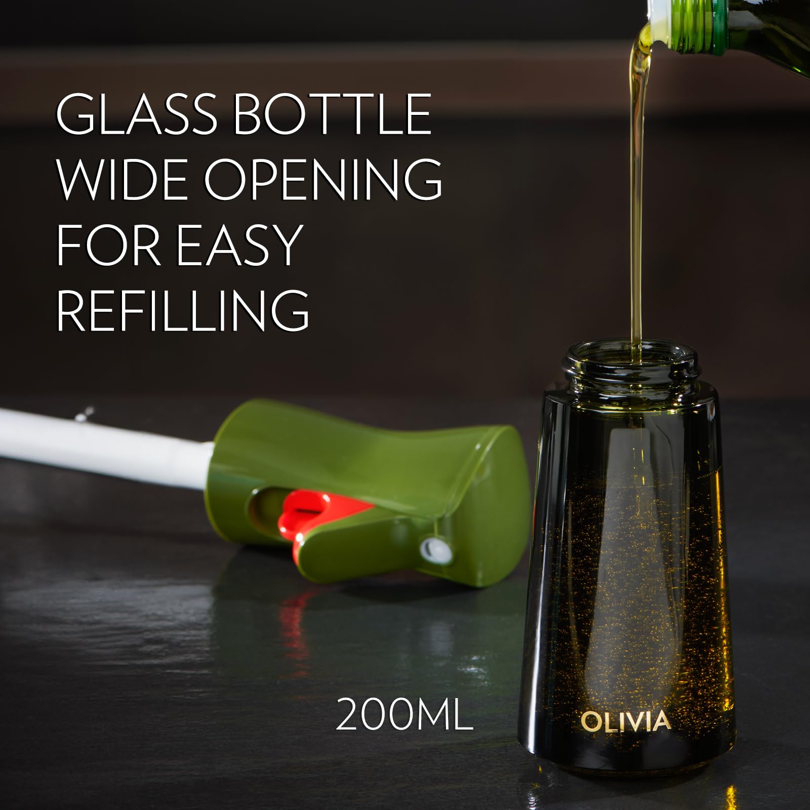 FLAIROSOL OLIVIA Oil Sprayer for Cooking, 200ml Glass Olive Oil Sprayer, Continuous Cooking Spray with Portion Control, Oil Dispenser for Kitchen, Air Fryer, Salad, BBQ (Green Bottle, Gold Print)
