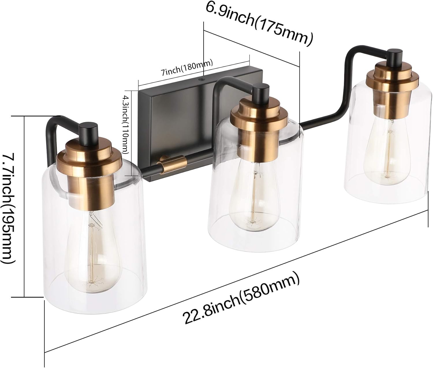 SOLFART 3 Head Vintage Bath Vanity Light Wall Decor Bathroom Over Mirror Modern Glass Shade Light Fixtures (3 Lights-Exclude Bulb) - - 