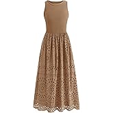 dowerme Women Summer Dresses 2026 Casual Sleeveless Crewneck A-Line Boho Lace Eyelet Cotton Tank Maxi Dress with Pockets