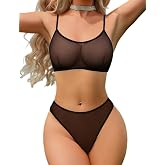 ADOME Mesh Lingerie Sets for Women Wireless Bra and Panty Crisscross Straps | 2 piece sheer lingerie, V neck sleepwear, breathable and comfortable, cute naughty outfits, perfect for everyday wear
