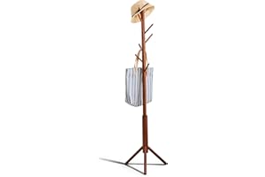 FILWH Bamboo Coat Rack Freestanding Coat Rack Tree Adjustable with 3 Sections & 8 Hooks Coat Hanger Stand for Bedroom Hallway Entryway Bedroom(Brown)