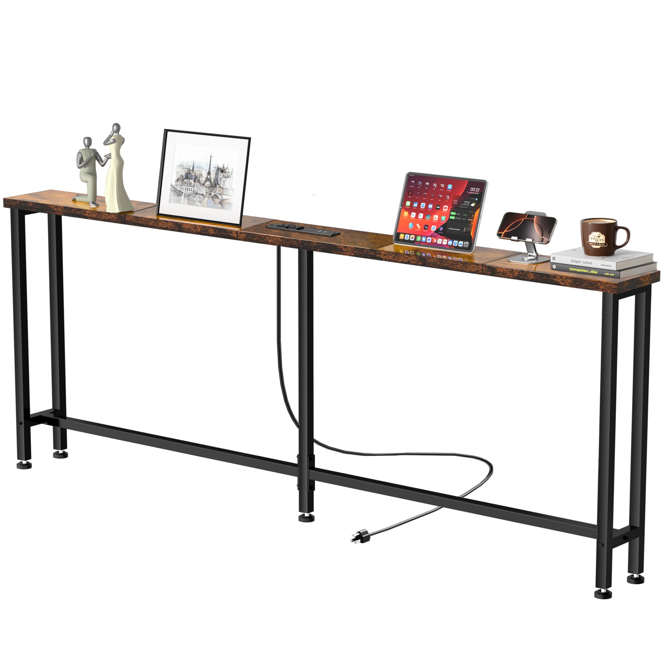 Photo 1 of GRLEAF 63" Narrow Console Sofa Table with Built-in Power Strip (2 AC Outlets & 2 USB Ports) – 4.9ft Power Cord, Metal Frame, Easy Assembly, Ideal for Behind Couch, Hallway, and Office | Rustic Brown