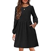 YOVION Girls Knit Dress Crew Neck Long Sleeve Plain A-Line Fall Casual Dresses with Pockets for 6-12 Y