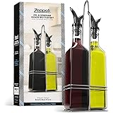 Zeppoli Oil and Vinegar Bottle Set with Stainless Steel Rack and Removable Cork – Dual Olive Oil Spout – Olive Oil Dispenser, 17oz Olive Oil Bottle and Vinegar Bottle Glass Set