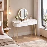 Furnistar Small makeup Vanity with Mirror and Lights for Bedroom | Smart Round LED Mirror, 3 Light Modes, 2 Drawers, Metal Legs, Ease of assembly Design, Space Saving, White and Gold