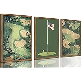 Vintage Golf Wall Art Set of 3, Mid Century Sports Wall Decor Paintings, Retro Green Golf Course Landscape Canvas Prints Artwork Picture for Bedroom Living Room Man Cave 12x16 inch Framed