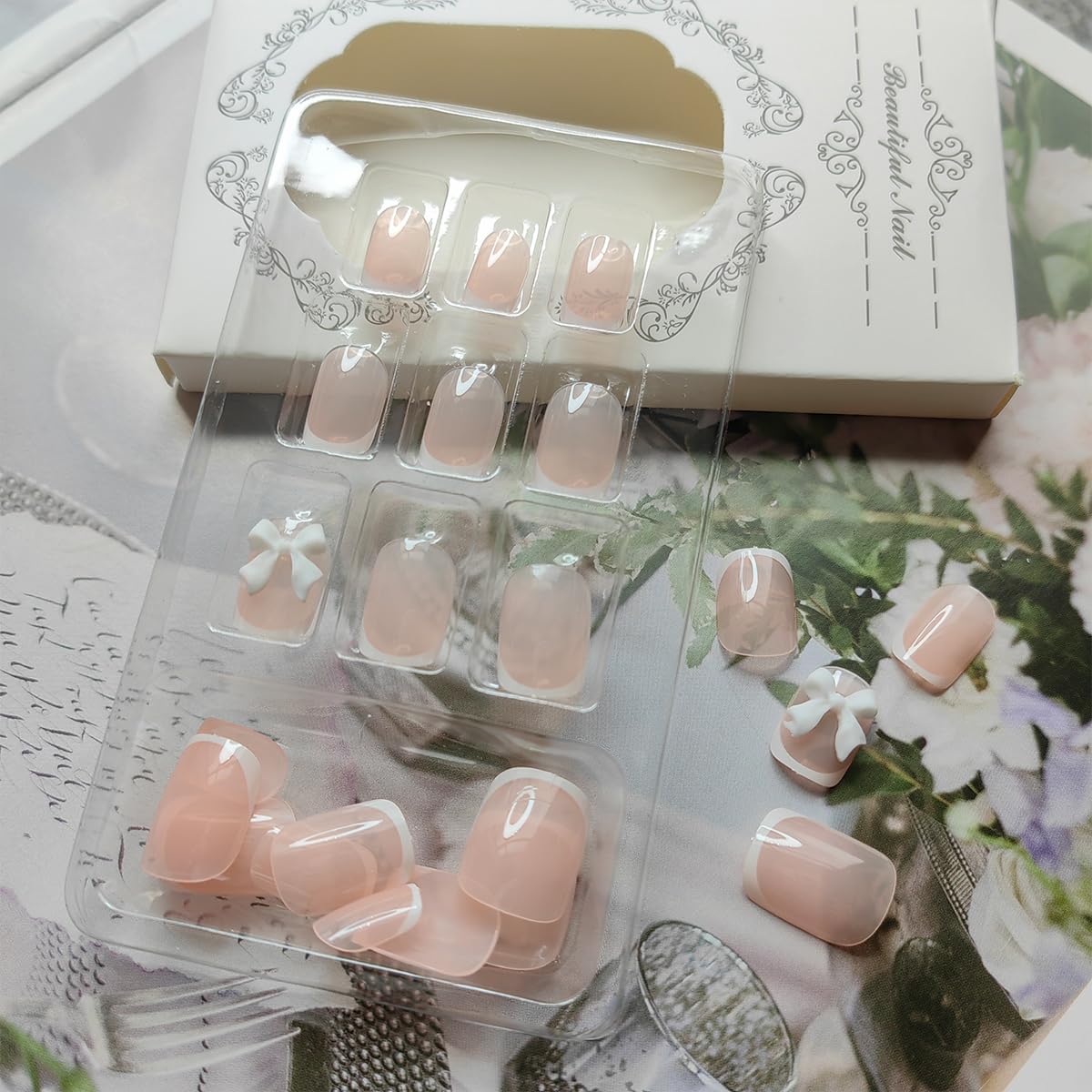 French Tip Press on Nails Short Square Fake Nails White Coffin Nails Tip with Bow Charms Design Acrylic Nails Full Cover Nude Pink Artificial False Nails Stick on Nails for Women Manicure Salon 24Pcs - Image 3