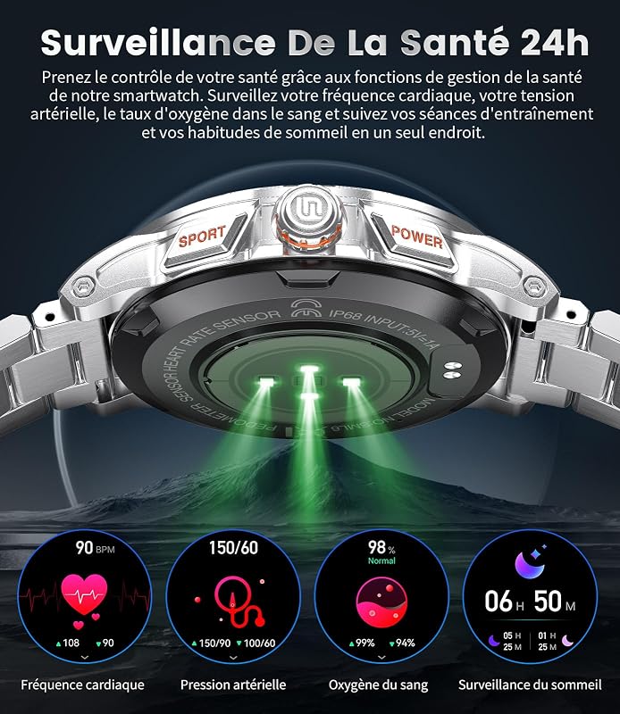 Smartwatch für Herren, Militär, mit Bluetooth-Anruf, 1,43 Zoll AMOLED Smartwatch mit 3 Armbändern, wasserdicht 5 ATM, 110 + Sportmodi, Herzfrequenz / SpO2/Schlafüberwachung, Android iOS — Foto 5 von 8