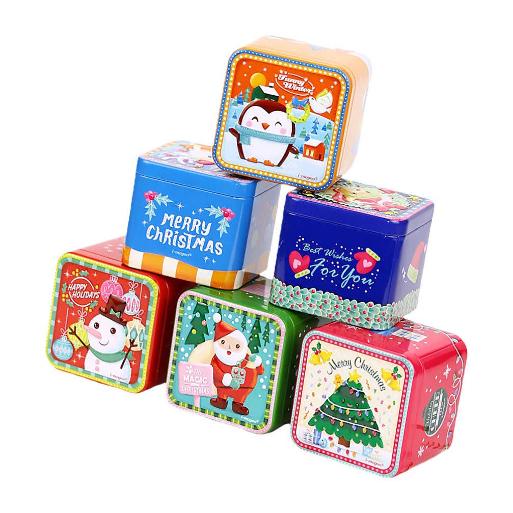 BESPORTBLE 6pcs Christmas Tinplate Boxes with Lid Christmas Metal Tins Square Jar Metal Cookie Box for Xmas Party Favor ()