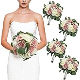 DIYDOFUN Set of 4 Bridesmaid Bouquets, 11 Inch Wedding Bouquets for Bridesmaids Artificial Flower Bouquets for Wedding Ceremony Bridal Shower Decorations - Dusty Pink & White