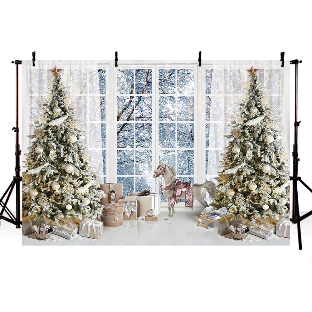 AIBIIN 240x180cm Christmas Photography Backdrop French Window Xmas Tree Gifts Winter Party Photo Background Home Wallpaper Decoration Banner Studio Booth Prop Supplies