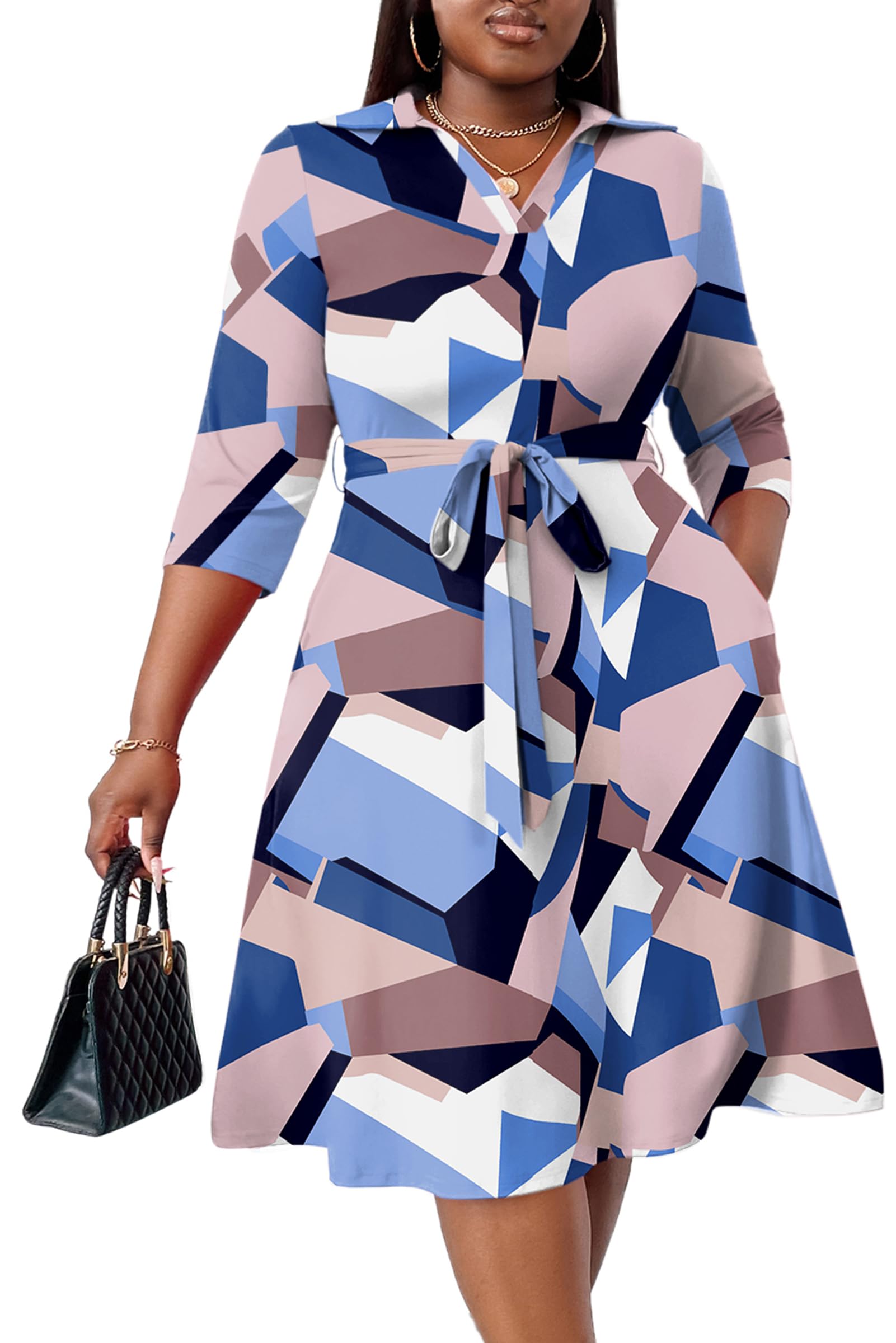 Photo 1 of FANDEE Midi Dresses for Women Plus Size Wrap Mid Dress Semi Formal for Graduation Cocktail Party Wedding Guest A-line V Neck 3/4 Sleeve - Blue 2XL