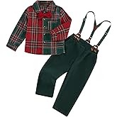 kacubwyy Christmas Boys Suit Bow Tie Long Sleeve Plaid Shirt Suspender Long Pants Formal Gentleman Kids Outfits