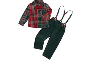 kacubwyy Christmas Boys Suit Bow Tie Long Sleeve Plaid Shirt Suspender Long Pants Formal Gentleman Kids Outfits