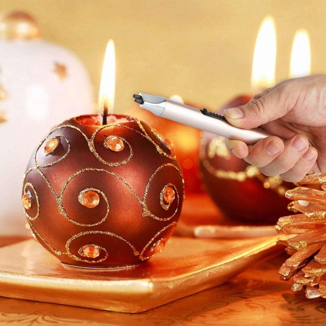 REIDEA Electronic Candle Lighter Arc Windproof Flameless USB Rechargeable Lighter with Safe Button for Home Kitchen Champagne Gold: Home & Kitchen