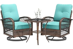 EROMMY 3 Pieces Patio Furniture Set, Outdoor Swivel Rocker Patio Chairs, Wicker Patio Bistro Set with Rocking Chair, Thickened Cushions and Glass Coffee Table for Backyard, Garden, Blue