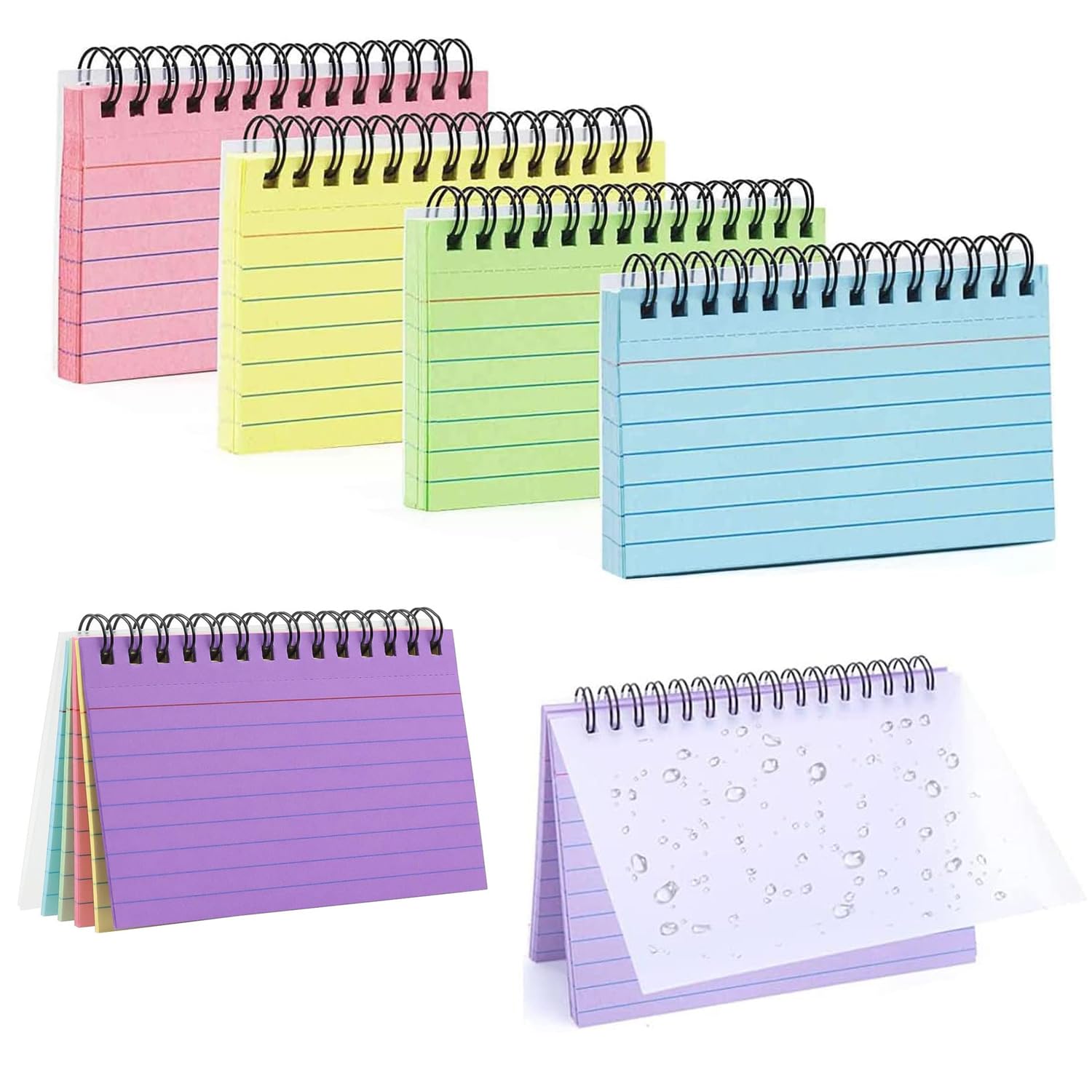 KECOLNA 6 Packs Coloured Index Cards, 300 Sheets, 5x3 Inches, Purple, Blue, Green, Yellow, Pink