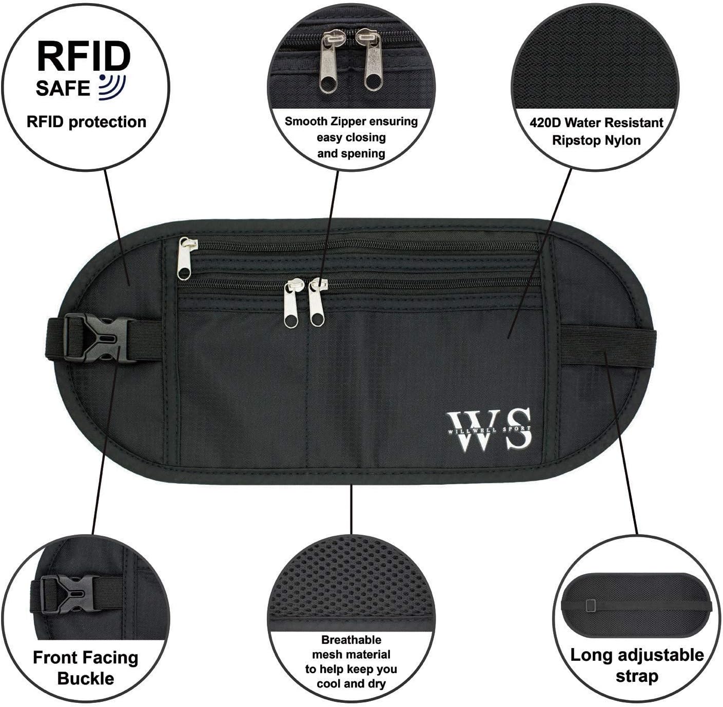 WILLWELL SPORT Money Belt Passport Holder RFID Blocking Waterproof